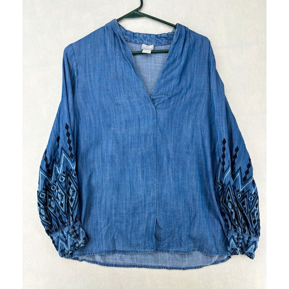 Chico's Blue Chambray V-Neck Pullover Blouse Long Sleeve Embroidered Women's M